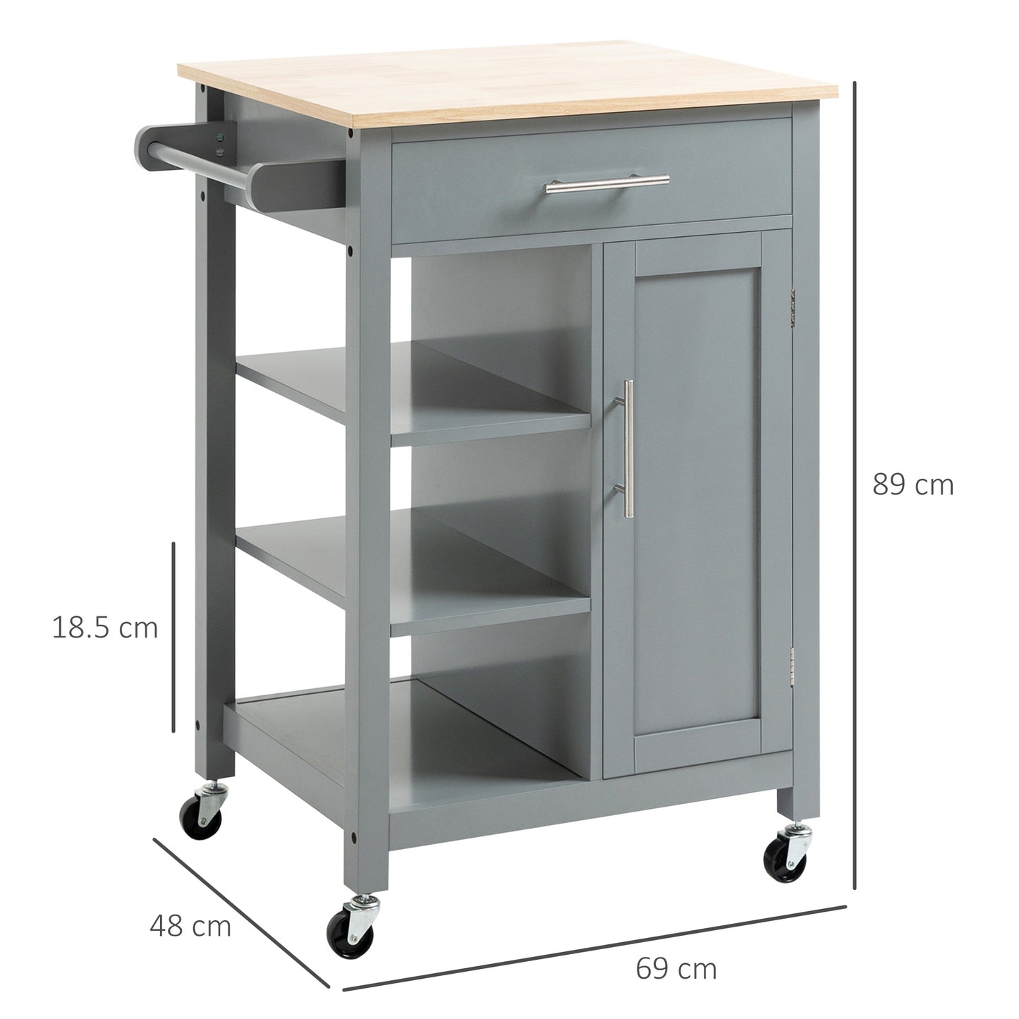 Compact Kitchen Trolley Utility Cart on Wheels with Open Shelf & Storage Drawer for Dining Room, Kitchen, Grey