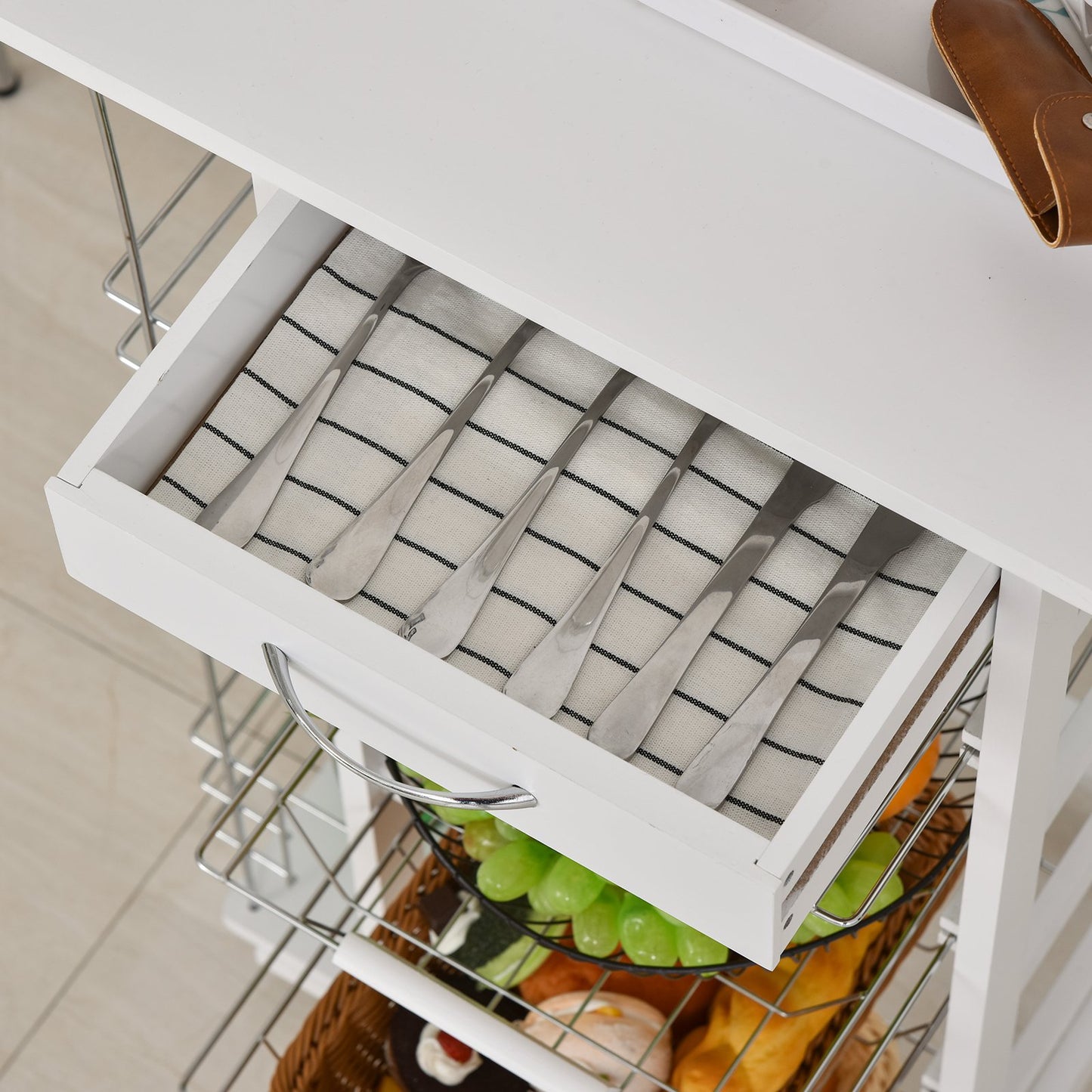 Multi-Use Kitchen Island Trolley w/ 4 Baskets 2 Side Racks Drawer Worktop 4 Wheels Worktop Food Storage Smooth Rolling Compact Furniture White