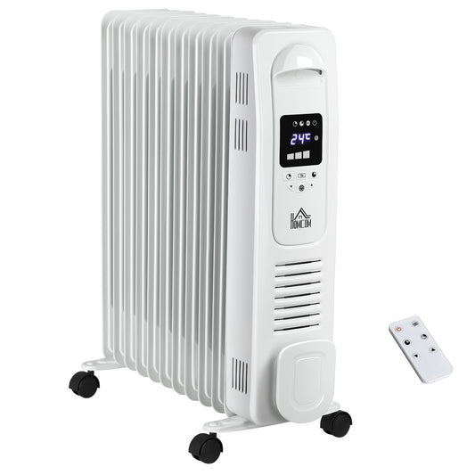 2720W Digital Oil Filled Radiator, 11 Fin, Portable Electric Heater with LED Display, 3 Heat Settings, Safety Cut-Off and Remote Control, White