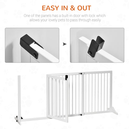 PawHut Adjustable Wooden Pet Baby Gate Freestanding Dog Barrier Fence Doorway 3 Panels Safety Gate w/ Lockable Door White 71H x 113-166W cm