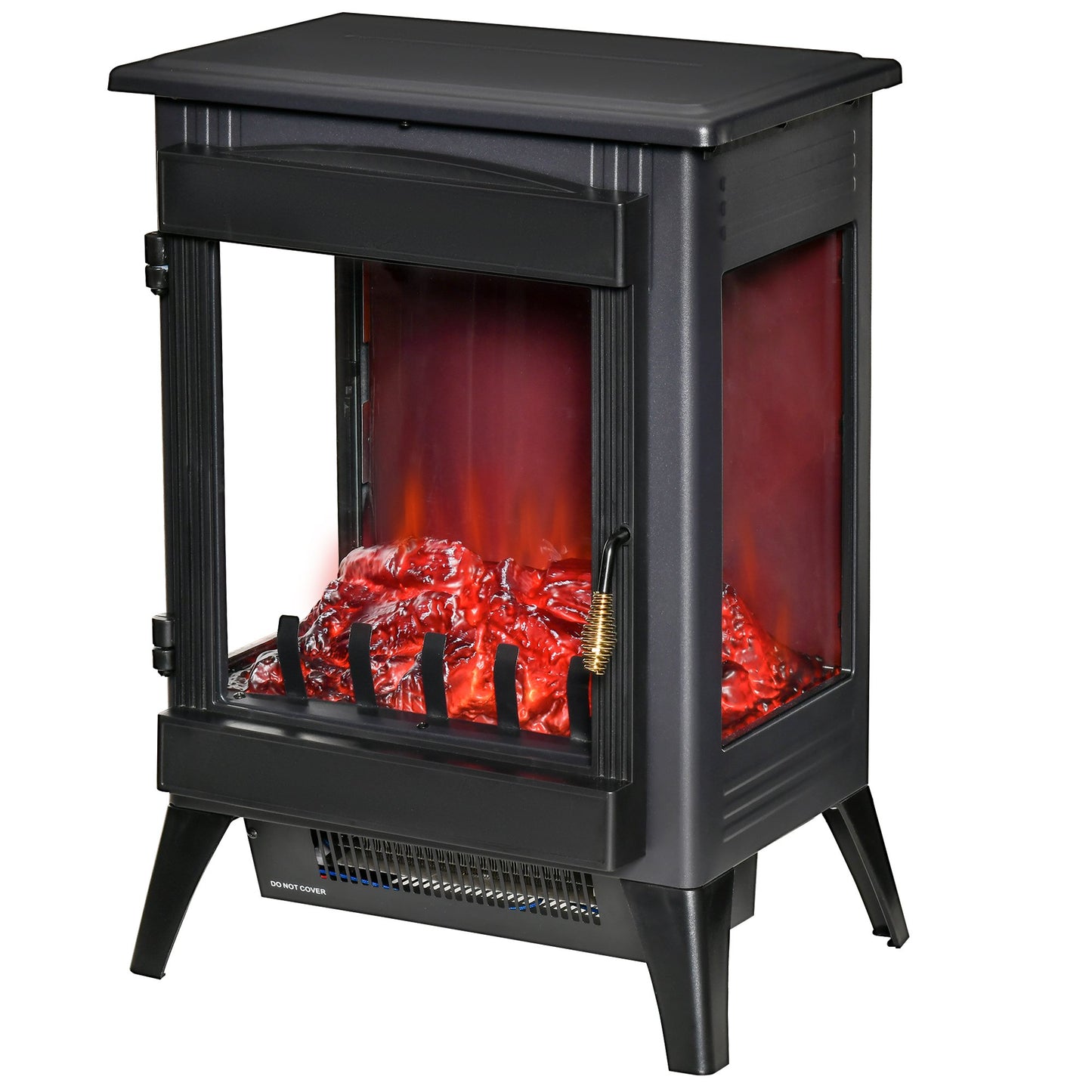 Free standing Electric Fireplace Stove Heater With LED Flame Effect, 3-sided Tempered Glass, Overheat Protection, 1000W/2000W, Black