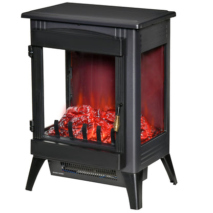 Free standing Electric Fireplace Stove Heater With LED Flame Effect, 3-sided Tempered Glass, Overheat Protection, 1000W/2000W, Black