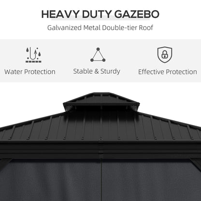 Outsunny 3 x 3.7m Outdoor Hardtop Gazebo Canopy Aluminum Frame with 2-Tier Roof & Mesh Netting Sidewalls for Patio, Dark Grey