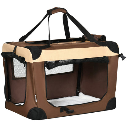 PawHut 60cm Pet Carrier, Foldable Dog Bag, Portable Cat Carrier, Pet Travel Bag with Cushion for Miniature Dogs, Brown