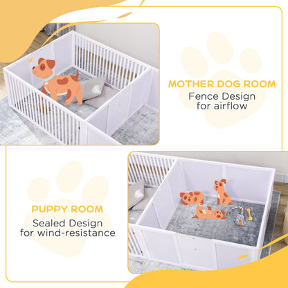 PawHut 7 Panels Playpen with 3 Doors for Baby Dogs, Two-Room Design Puppy Whelping Box - White