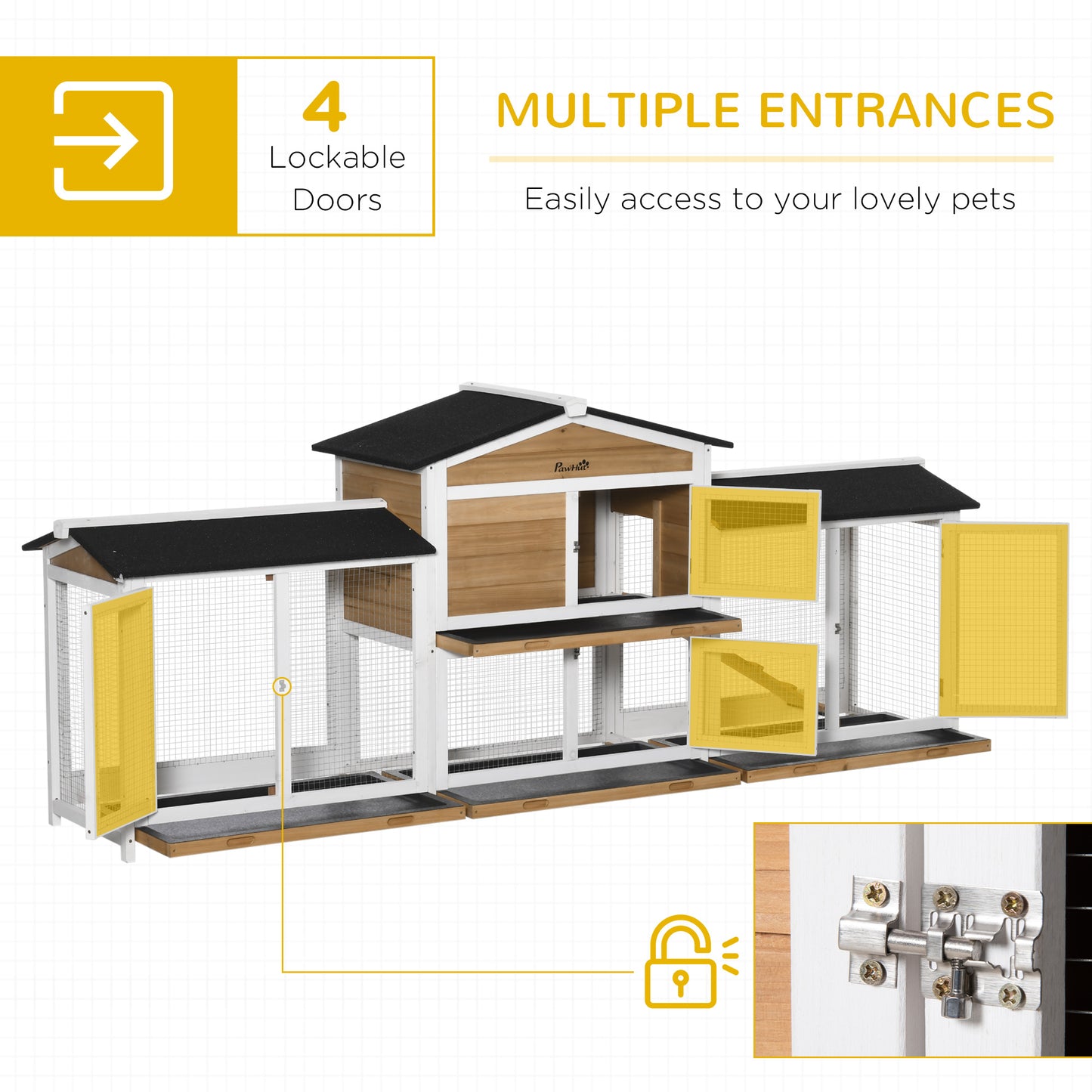 PawHut 2 Tier Wooden Rabbit Hutch, Guinea Pig Cage, Bunny Run, Small Animal House with Double Side Run Boxes, Slide-out Tray, Ramp, 230 x 53 x 93.5cm