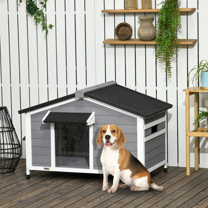 PawHut Large Wooden Dog Kennel Elevated Dog Kennels for Outside, w/ Openable Top, Asphalt Roof, Removable Tray, Adjustable Leg, Grey