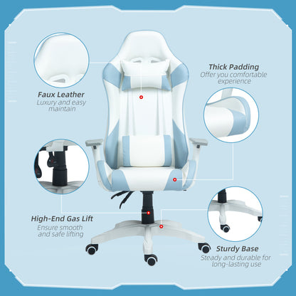 Gaming Racing Gamer Reclining Faux Leather Computer Chair W/ Headrest, Lumber Support, 3D Armrests, Adjustable Height, Swivel Wheels - Light Blue