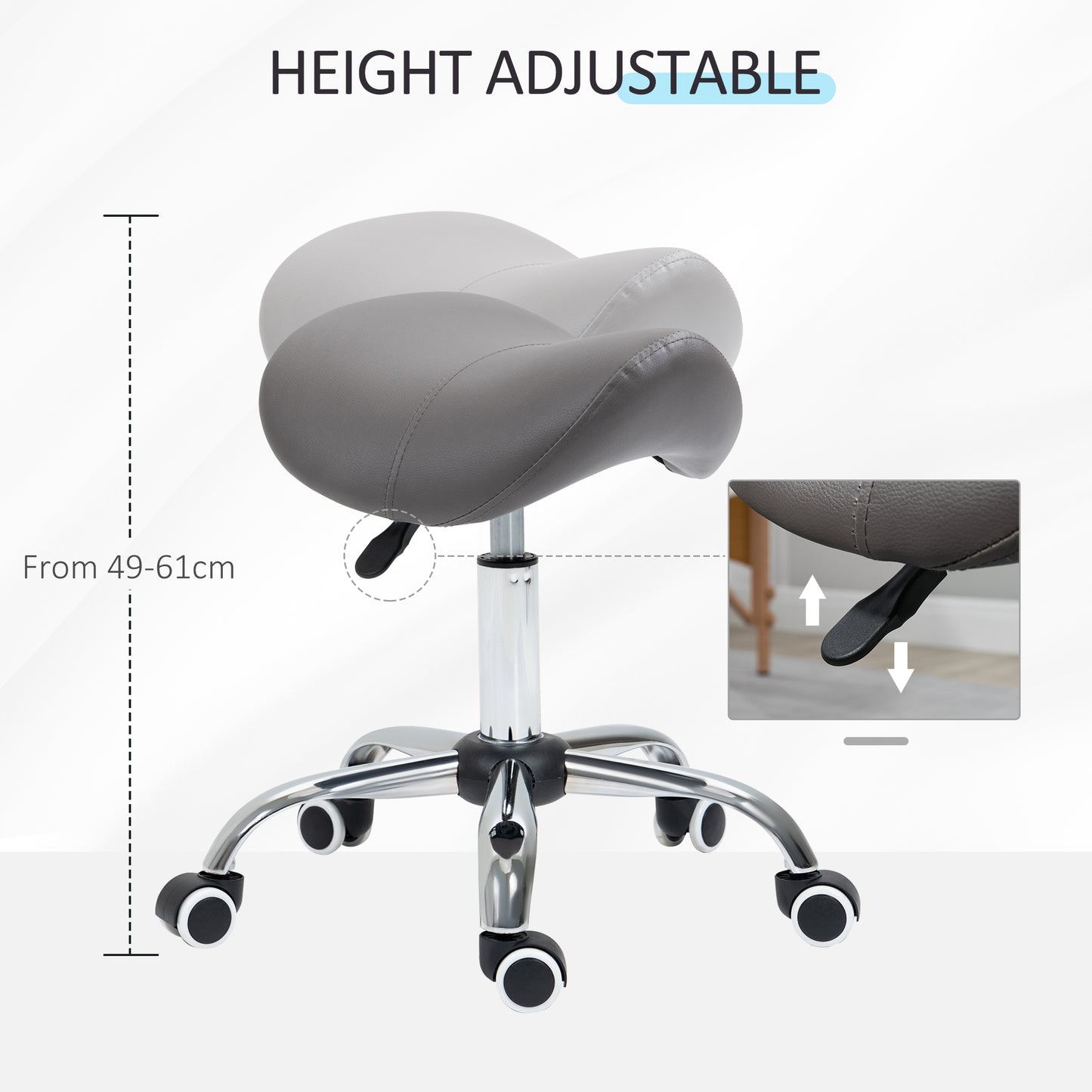 Cosmetic Stool 360° Rotate Height Adjustable Salon Massage Spa Chair Hydraulic Rolling Faux Leather Saddle Stool, Grey