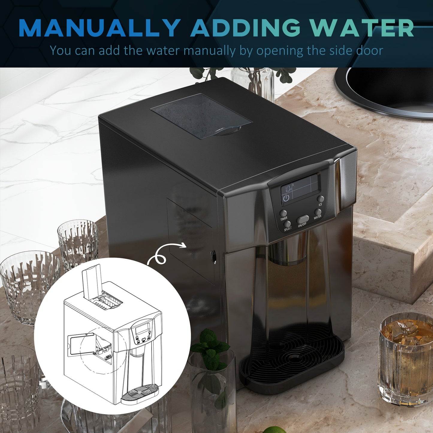 Ice Cube Maker Machine Ad Water Dispenser, Counter Top For Home With 3L Tank, Adjustable Cube Size, 9 Ice Cubes per 6-10 Minutes - Black