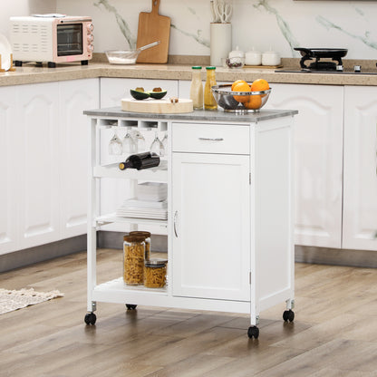 Compact Kitchen Trolley Utility Cart on Wheels with Wine Rack, Drawer, Open Shelf and Storage Cabinet for Dining Room, White