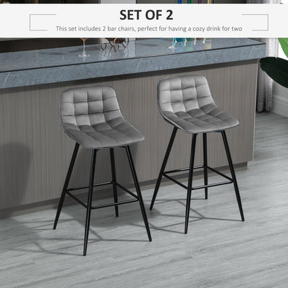 Retro Style Set of 2 Bar stools With Backs Velvet-Touch Dining Chairs Kitchen Counter Chairs  Fabric Upholstered seat with Metal Legs, Backrest, Grey