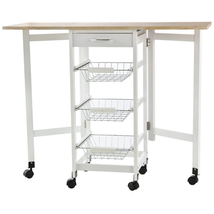 Drop-Leaf Kitchen Trolley w/ 3 Baskets Drawer Surface Top 6 Wheels Rolling Storage Unit Kitchen Home Dining Cart White Oak Tone