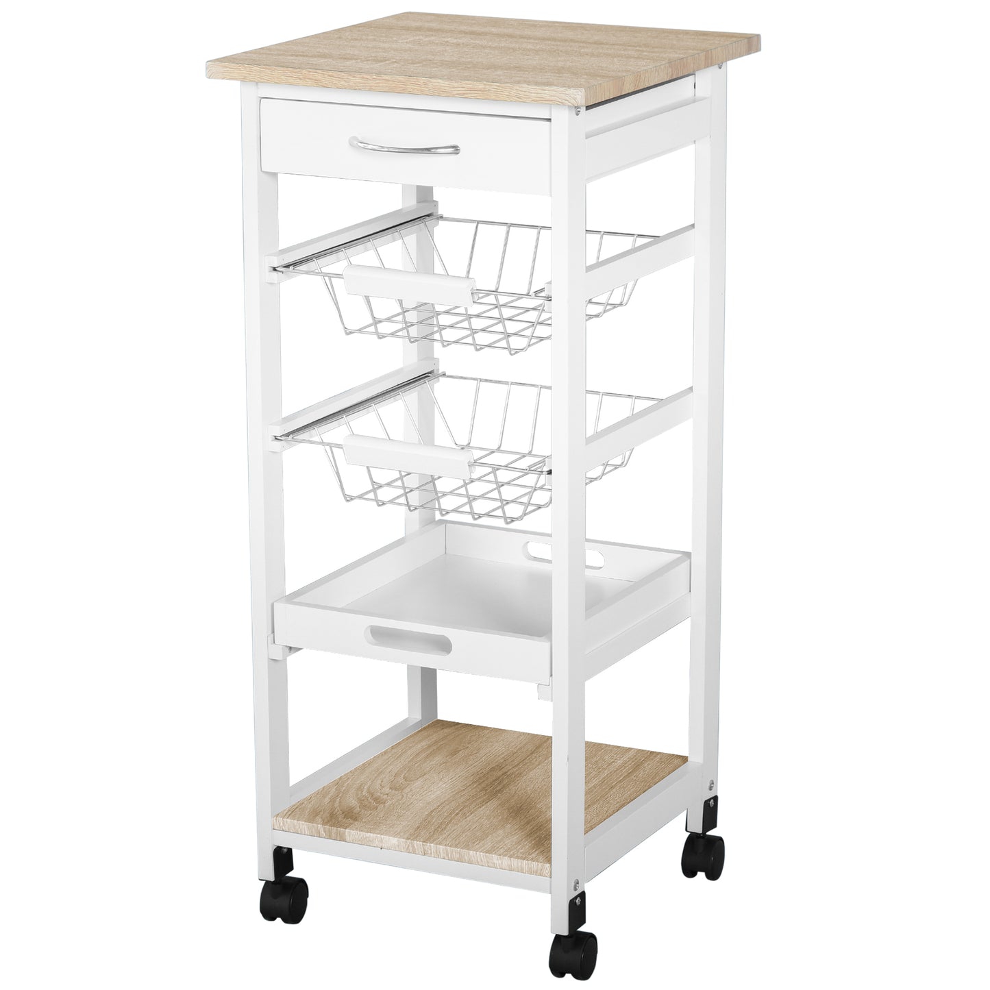 Mobile Rolling Kitchen Island Trolley for Living room, Serving Cart with Drawer & Basket, White