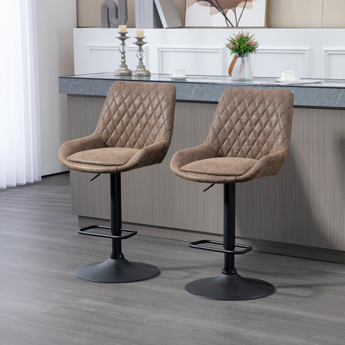 Retro Bar Stools Set of 2, Adjustable Kitchen Stool, Upholstered Bar Chairs with Back, Swivel Seat, Coffee