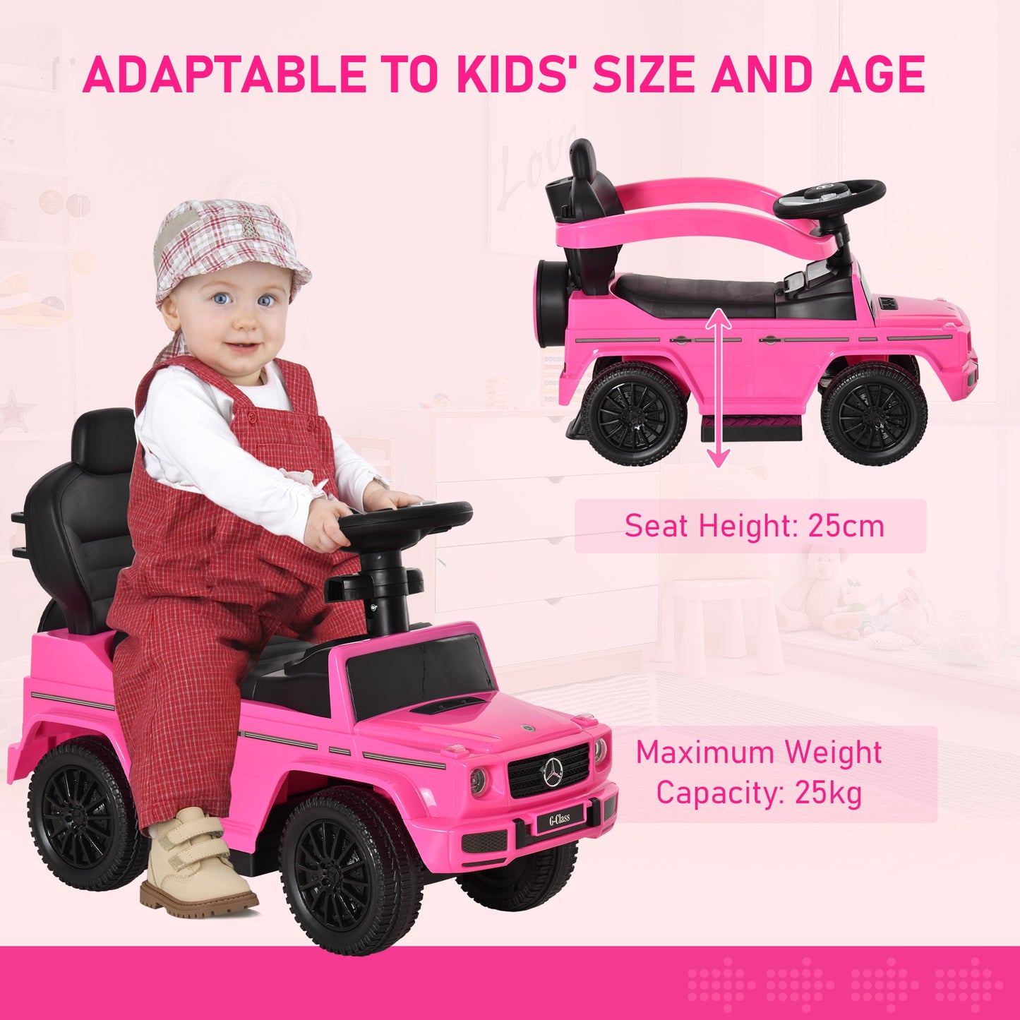 Compatible Ride-On Push Along Car Sliding Walker Mercedes-Benz G350 Walker Foot to Floor Slider Stroller Toddler Vehicle Steering Wheel Pink