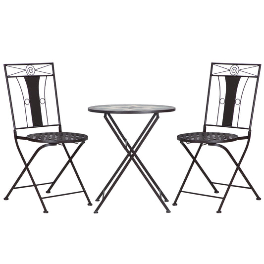 3 Piece Patio Bistro Set, Mosaic Table and 2 Armless Chairs with Foldable Design, Metal Frame for Garden, Poolside, Coffee