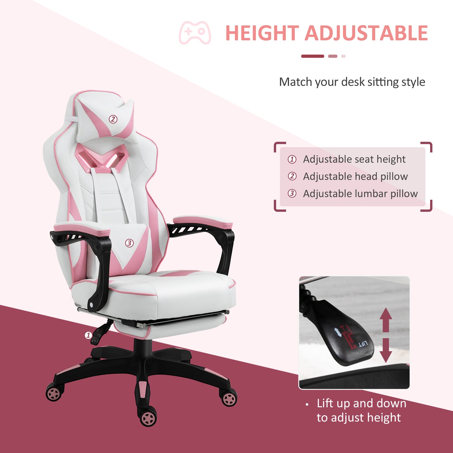 Vinsetto Ergonomic Racing Gaming Chair Office Desk Chair Adjustable Height Recliner with Wheels, Headrest, Lumbar Support, Retractable Footrest, Pink