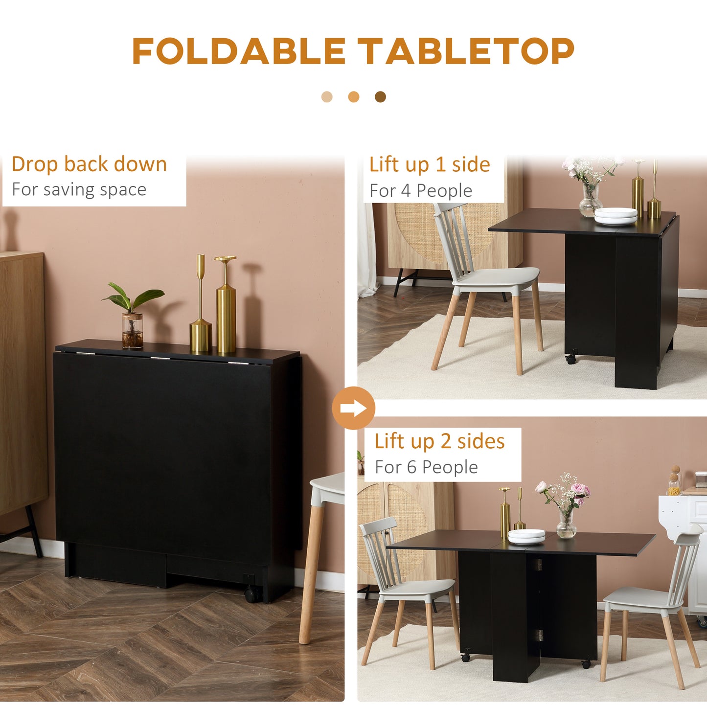 Retro Style Foldable Dining Table, Extendable Drop Leaf Table with 2-tier Shelves, Small Dinner Table with Rolling Casters