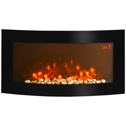 Led Wall Mounted Fireplace Curved Glass Electric Fire Place Fire Place 7 Colour Side Lights Slimline, 1000/2000W, 89.2cm x 48cm