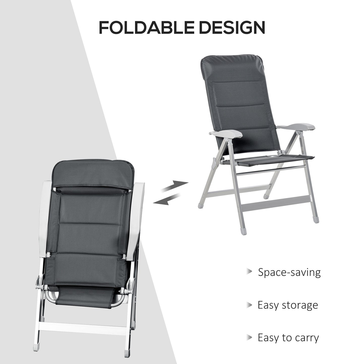 Outsunny Set Of 2 Patio Folding Dining Chair w/ Adjustable Back & Armrest Portable for Camping Garden Pool Beach Deck Grey