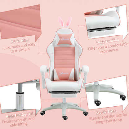 Vinsetto Racing Gaming Chair, Reclining PU Leather Computer Chair with Removable Rabbit Ears, Footrest, Headrest and Lumber Support, Pink