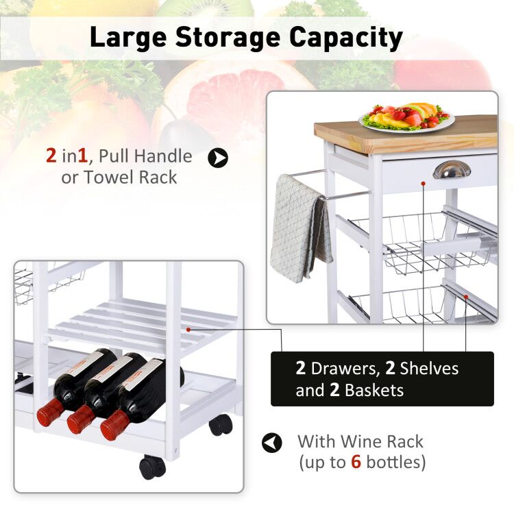 Rolling Kitchen Island Trolley Cart Drawer Shelves Basket Wheels W/  6 Bottle Wine Rack White