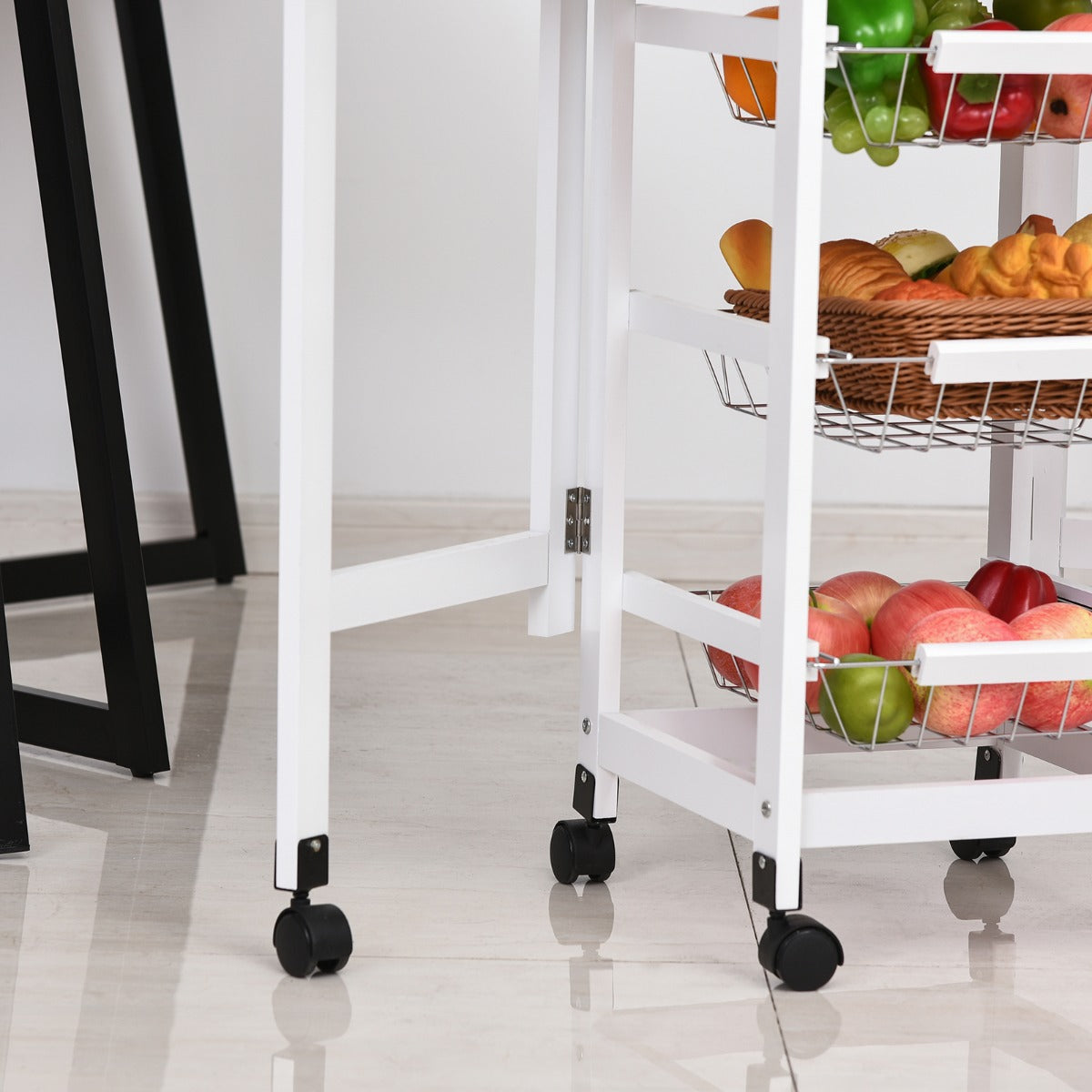 Drop-Leaf Kitchen Trolley w/ 3 Baskets Drawer Surface Top 6 Wheels Rolling Storage Unit Kitchen Home Dining Cart White Oak Tone