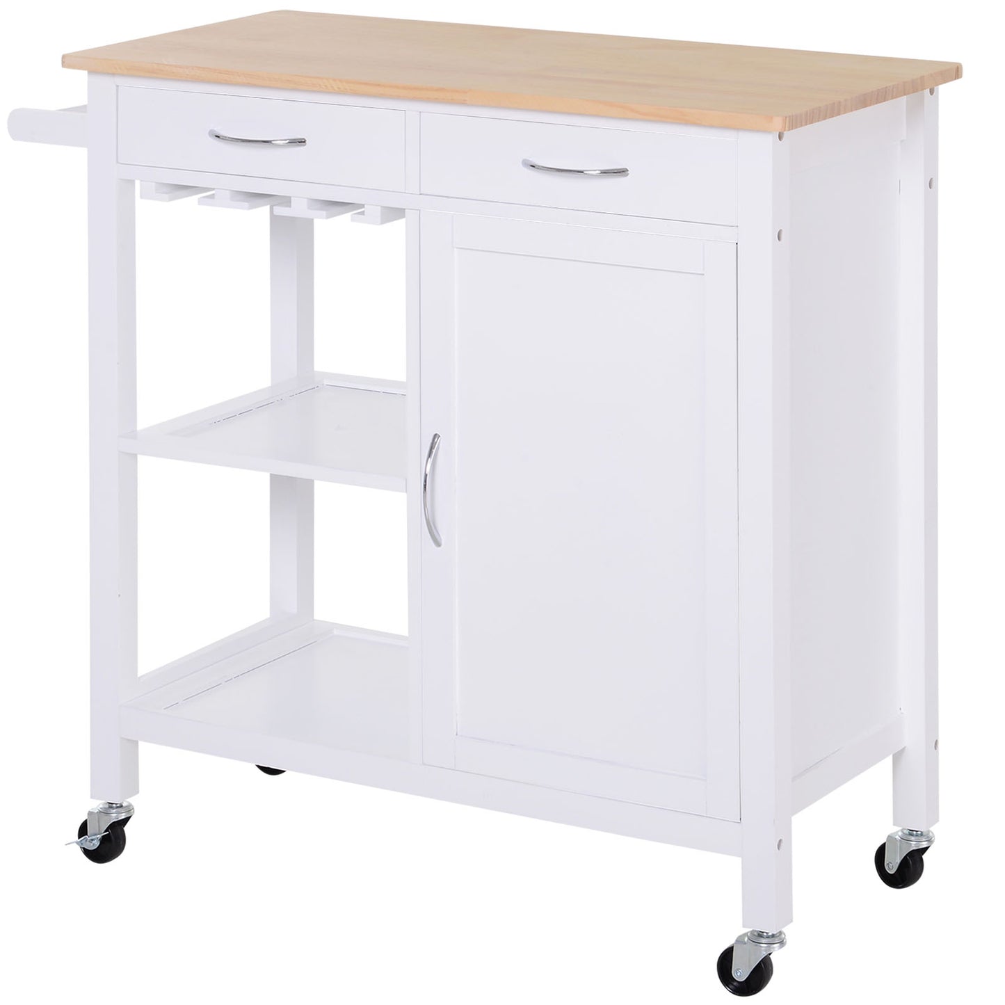 Kitchen Storage Trolley Cart Cupboard Rolling Wheels Shelves Cabinet Island W/ Drawers Towel Rail Wine Glass Rack Pine Wood Worktop  White