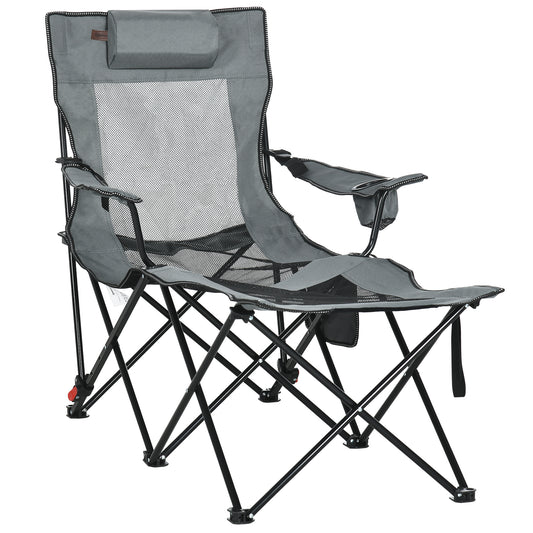 Outsunny Foldable Reclining Garden Chairs with Footrest and Adjustable Backrest, Portable Camping Chair with Headrest, Cup Holder and Carry Bag, Grey