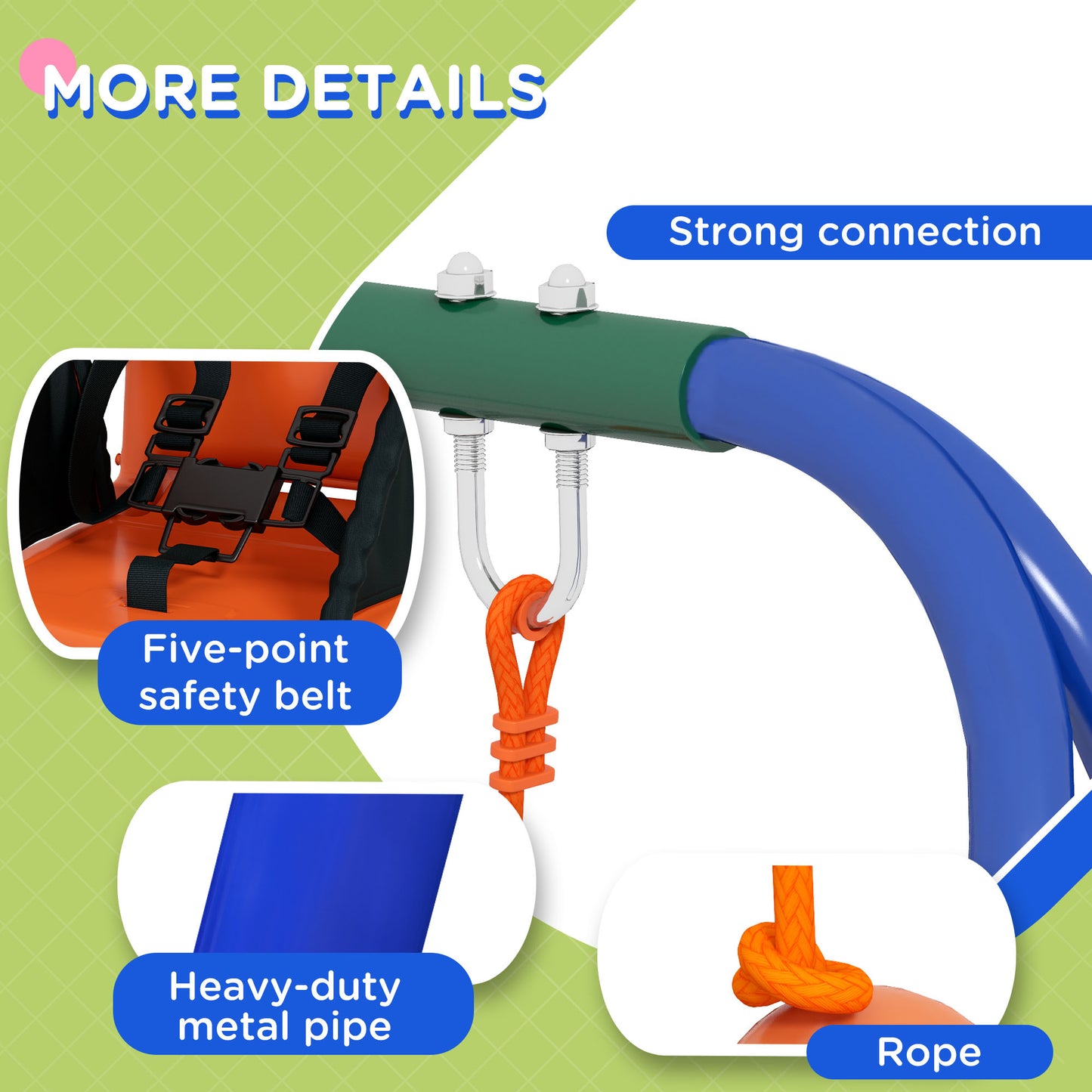 Outsunny 2 In 1 Metal Frame Nursery Swing w/ Comfortable Seat Safety Belt Orange