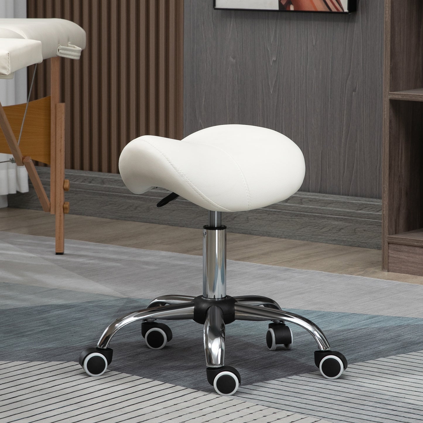 Cosmetic Stool 360° Rotate Height Adjustable Salon Massage Spa Chair Hydraulic Rolling Faux Leather Saddle Stool, Cream