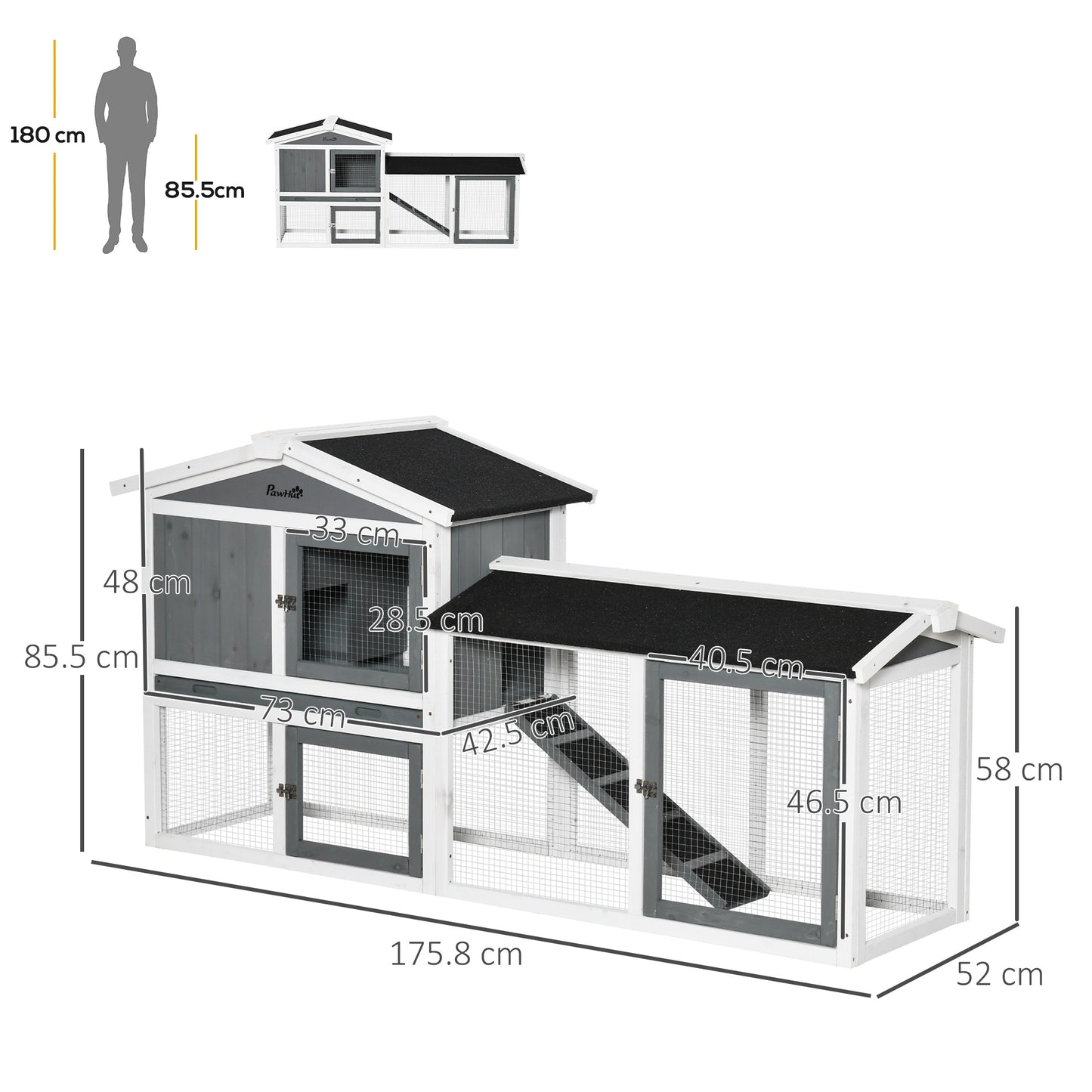 PawHut 2 Tier Wooden Rabbit Hutch, Guinea Pig Cage, Bunny Run, Small Animal House with Run Box, Slide-out Tray, 175.8 x 52 x 85.5cm, White