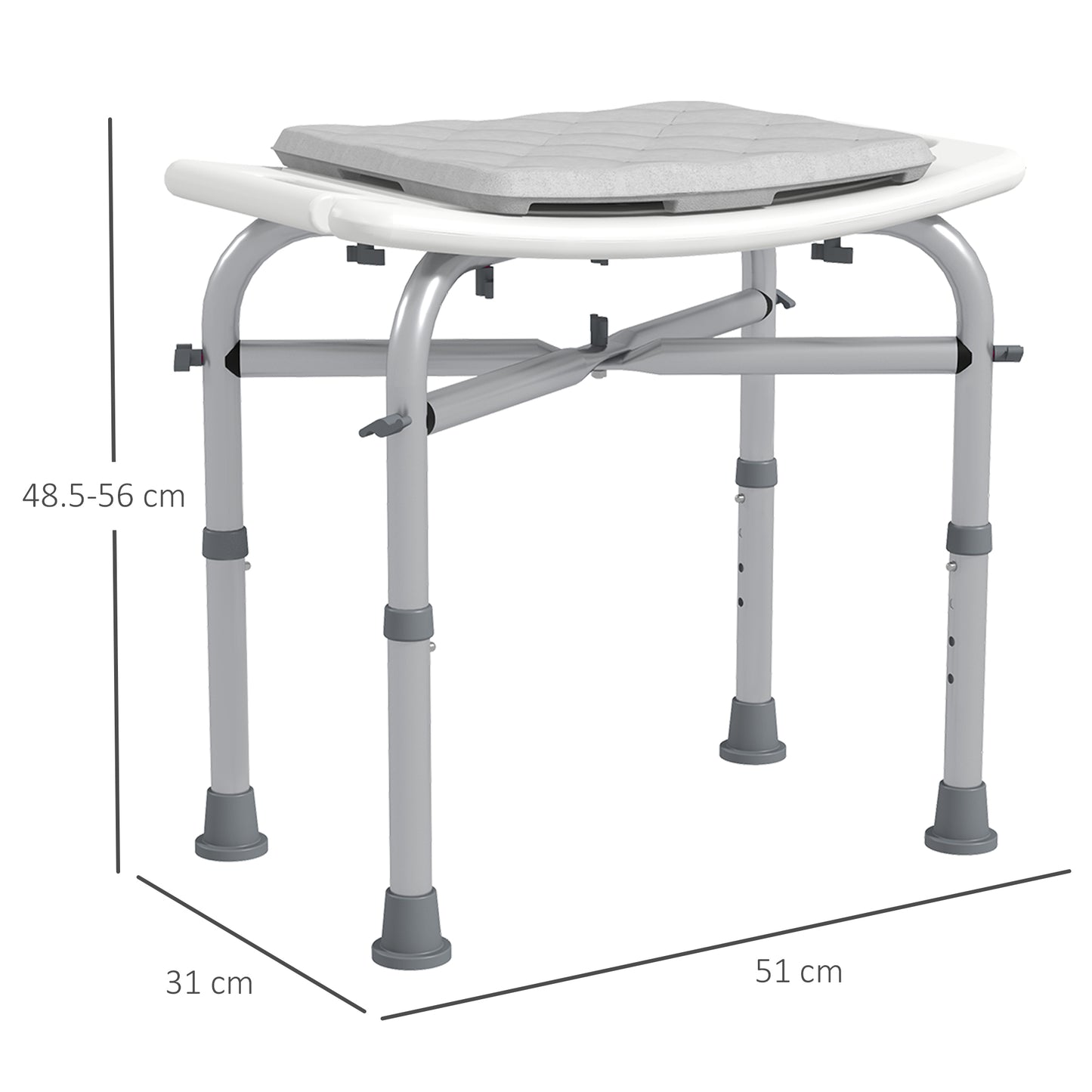 Aluminium Shower Stool, Height Adjustable Shower Seat w/ Removable Padded Cushion, Shower Head Holder, Non-Slip Bath Stool