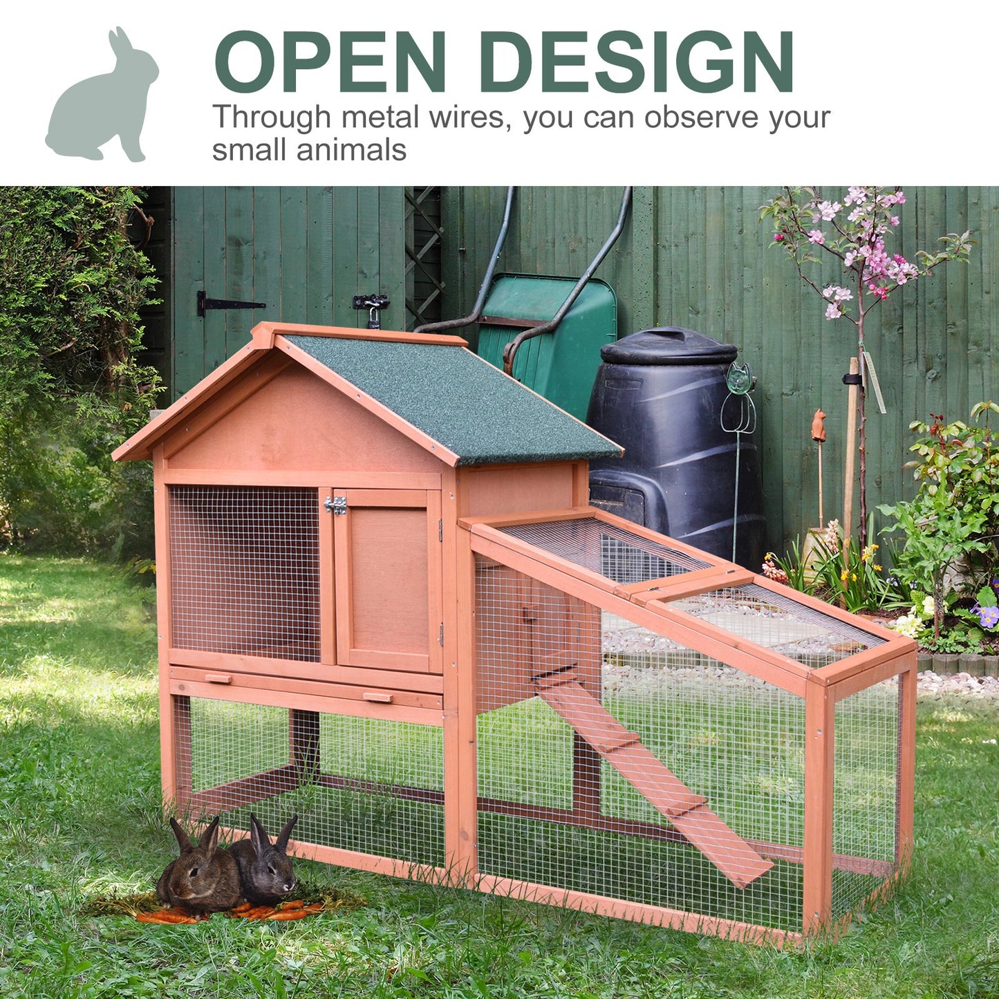 PawHut 2 Tier Rabbit Cage, Solid Wood Bunny House, Water Resistant Asphalt Roof Ramp Sliding tray 144 x 64.5 x 100 cm Red/Brown