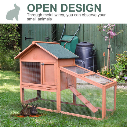 PawHut 2 Tier Rabbit Cage, Solid Wood Bunny House, Water Resistant Asphalt Roof Ramp Sliding tray 144 x 64.5 x 100 cm Red/Brown