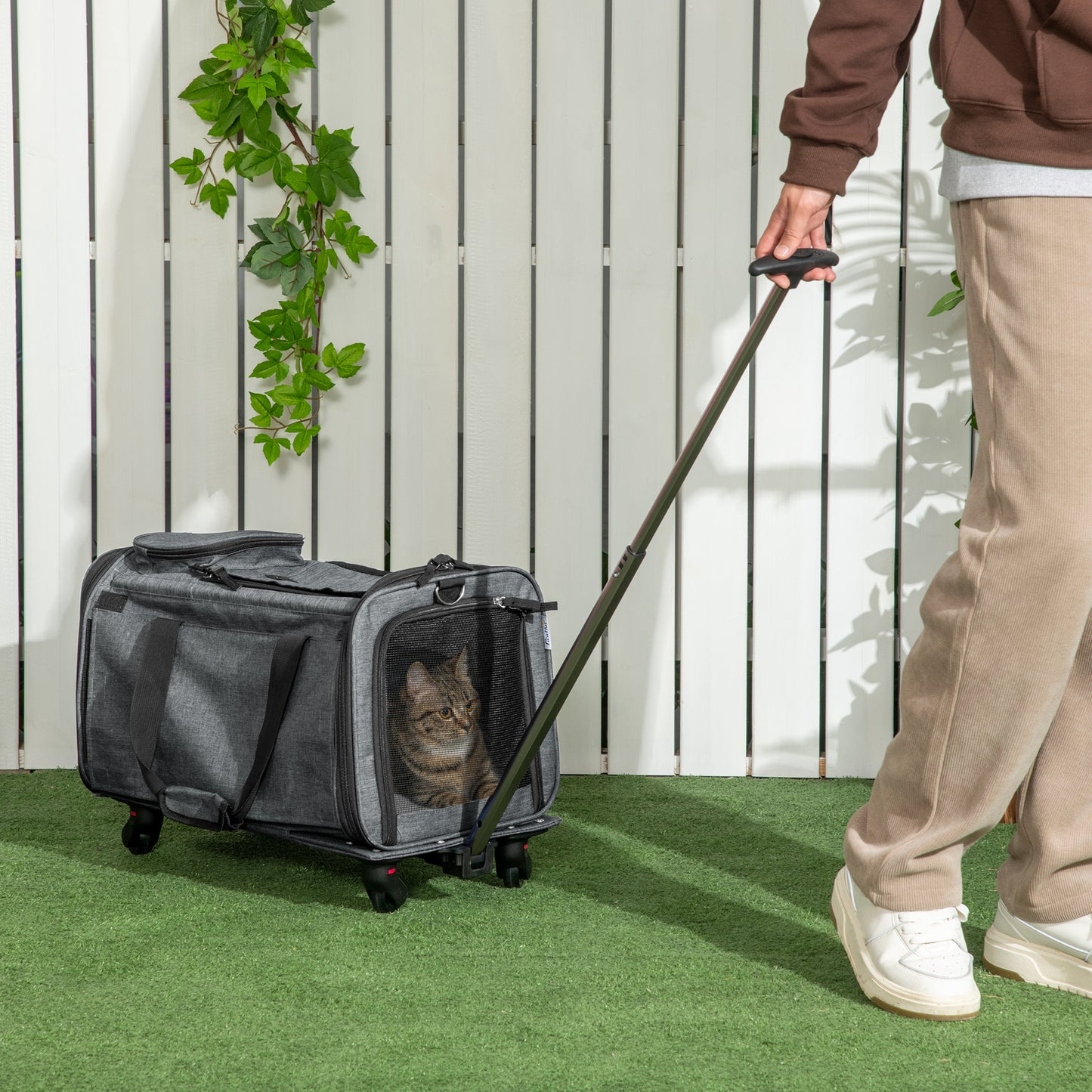 PawHut 4 in 1 Pet Carrier Portable Cat Carrier Foldable Dog Bag On Wheels for Cats, Miniature Dogs w/ Telescopic Handle, Grey