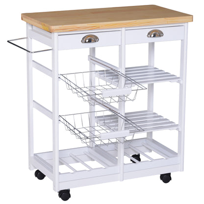 Rolling Kitchen Island Trolley Cart Drawer Shelves Basket Wheels W/  6 Bottle Wine Rack White