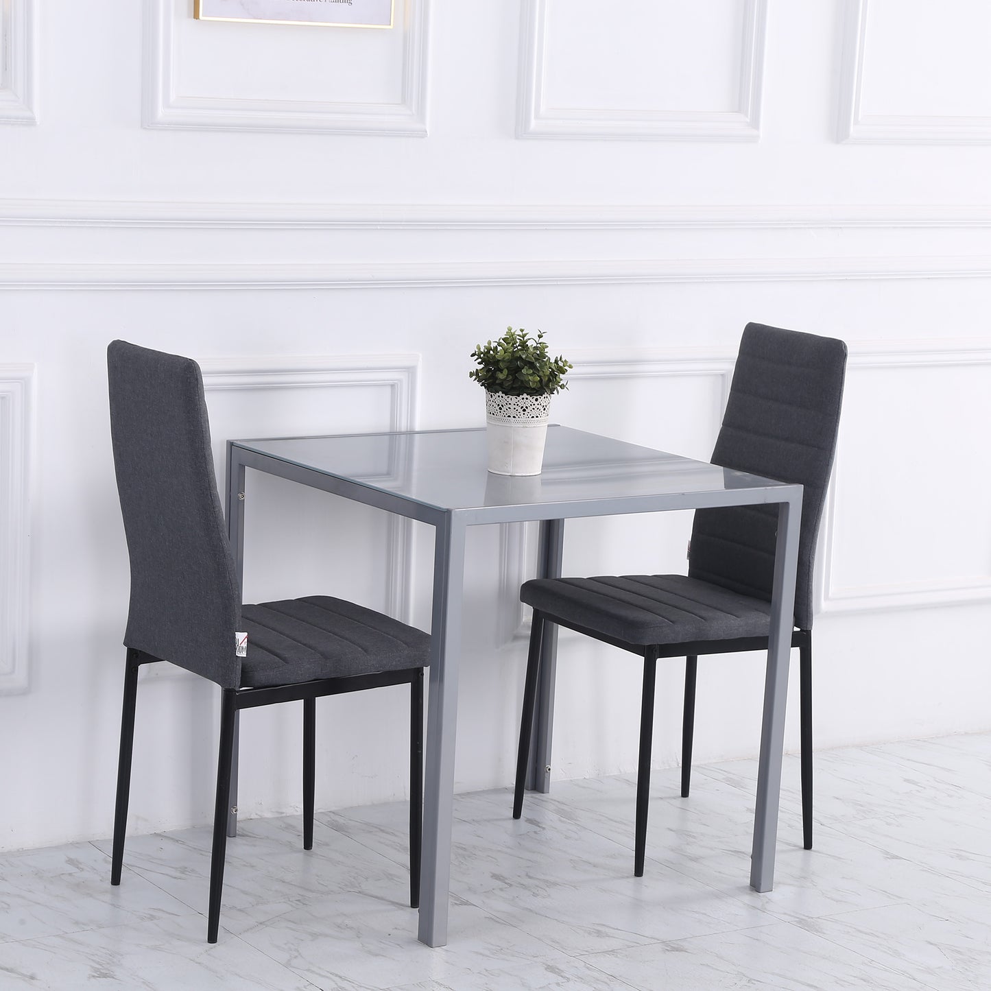 Modern Square Dining Table, Seats 4, with Glass Top & Metal Legs for Dining Room, Living Room, Grey