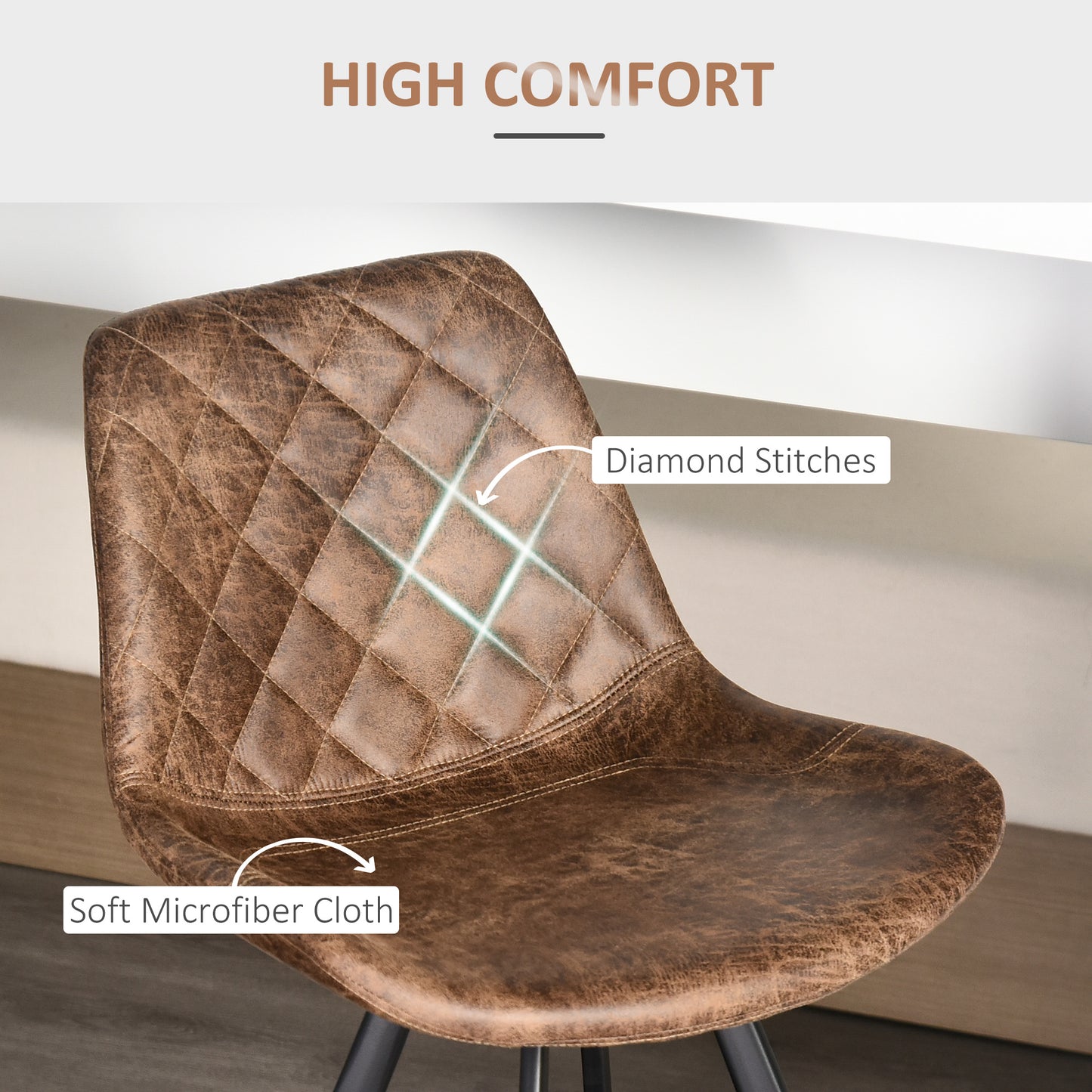 Retro Style Set Of 2 Bar Stools Vintage Microfibre Cloth Tub Seats Padded Comfortable Steel Frame Footrest Quilted Home Cafe Kitchen Chair Stylish Brown