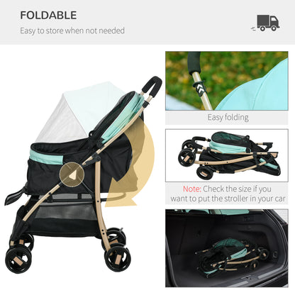 PawHut Oxford Pet Stroller for Small Minature Dogs with Rain Cover Green