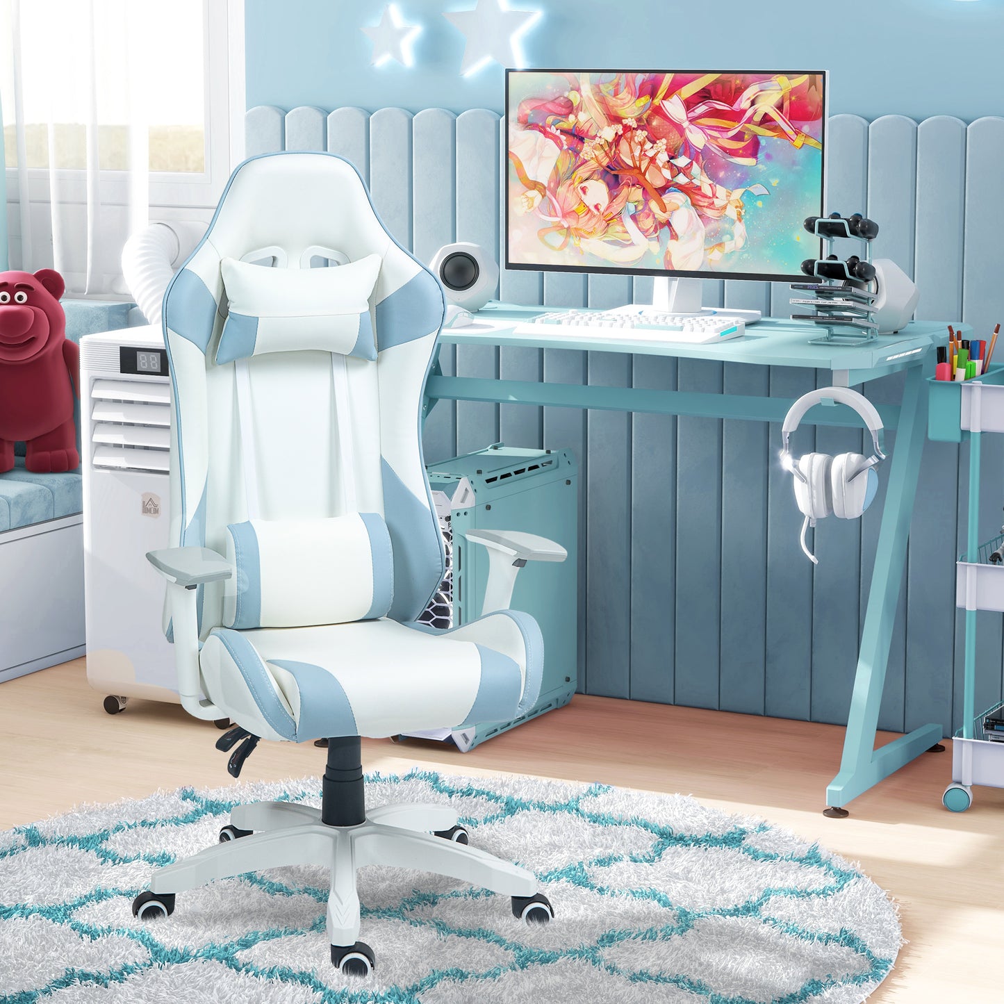 Gaming Racing Gamer Reclining Faux Leather Computer Chair W/ Headrest, Lumber Support, 3D Armrests, Adjustable Height, Swivel Wheels - Light Blue