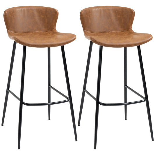 Bar Stools Set of 2, PU Leather Upholstered Bar Chairs, Kitchen Stools with Backs and Steel Legs for Dining Room, Brown