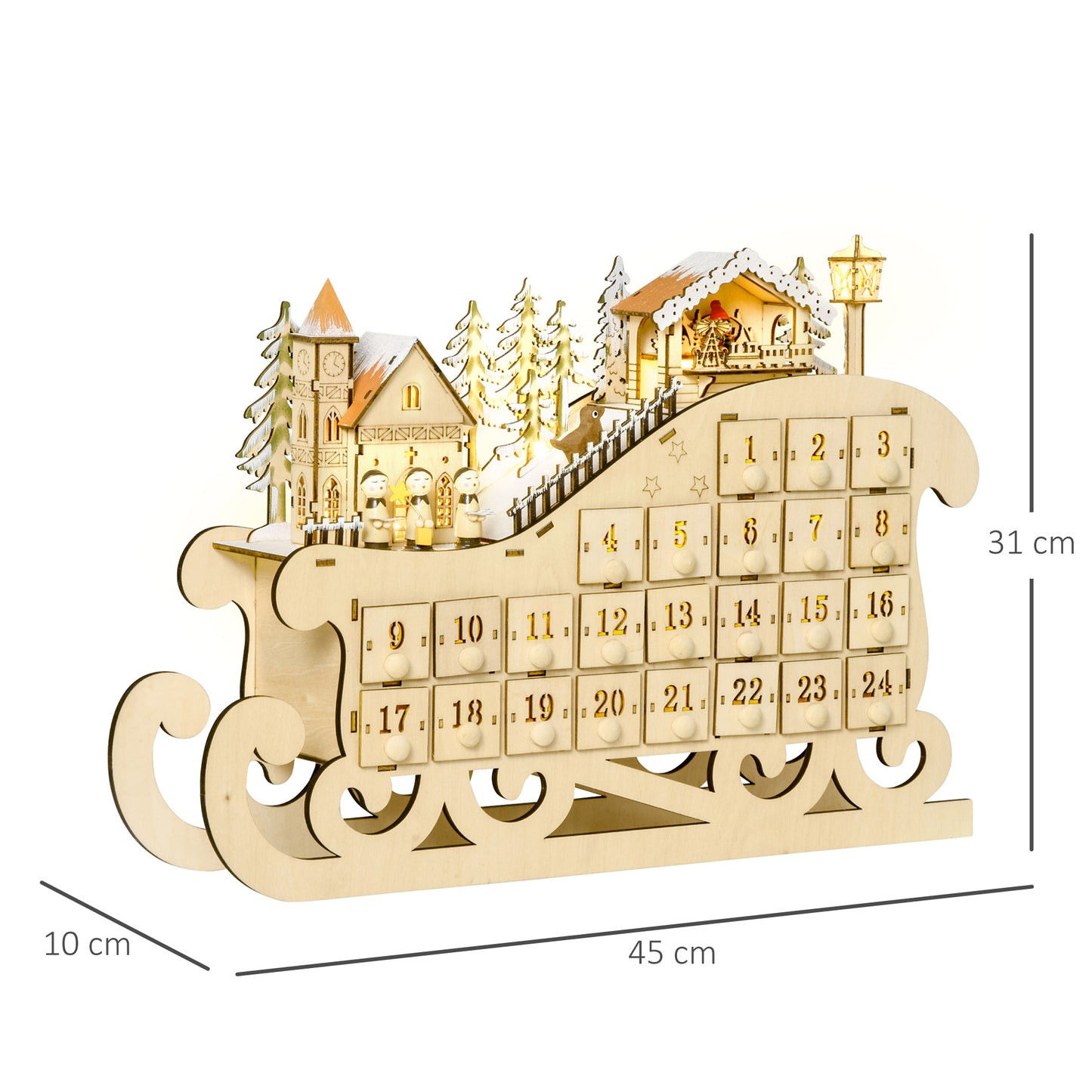 Reusable Christmas Advent Calendar, Light Up Table Wooden Sled Decoration W/ Countdown Drawer, Village, Natural Wood Colour