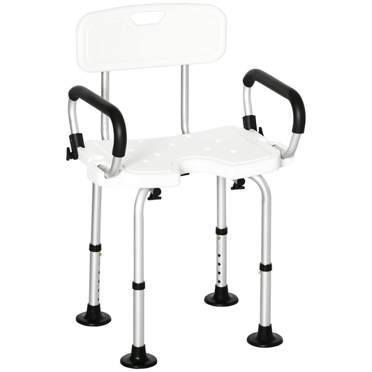 Shower Chair Height Adjustable Bathroom Stool With Back And Flipped Padded Arms And Suction Foot Pads, White