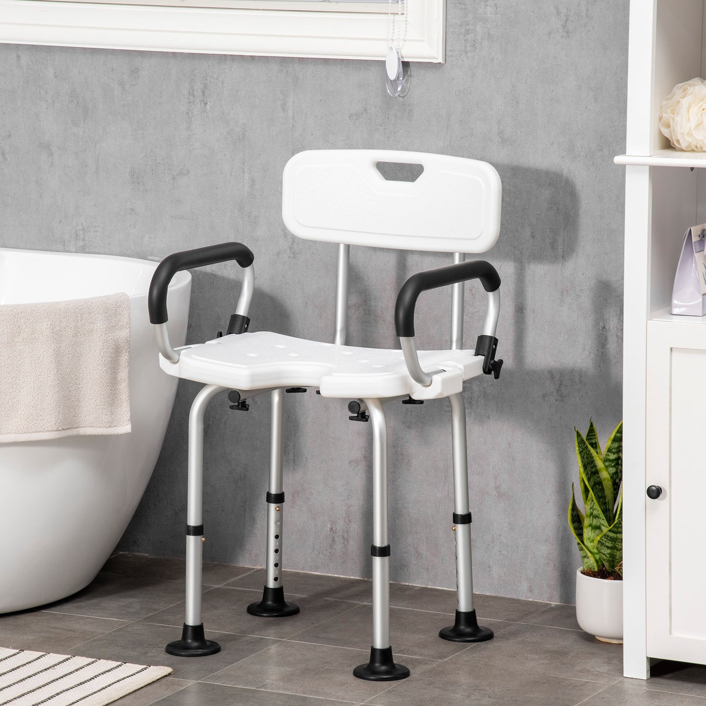 Shower Chair Height Adjustable Bathroom Stool With Back And Flipped Padded Arms And Suction Foot Pads, White