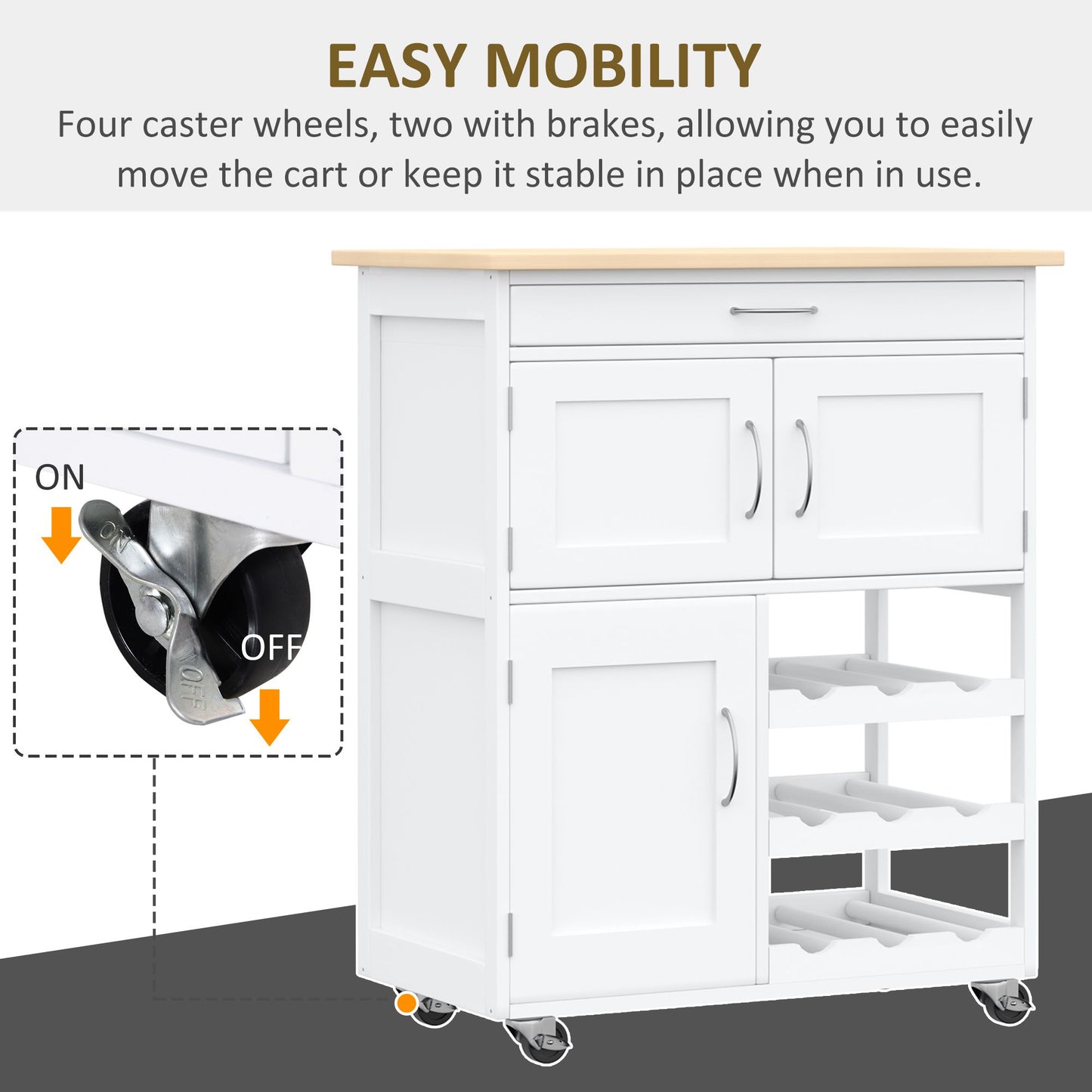 Modern Kitchen Trolley, Rolling Island Storage Cart with Drawer, 9-bottle Wine Rack, Door Cabinets, Wooden Countertop, White