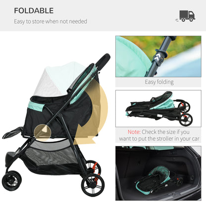 PawHut Foldable Pet Stroller with Rain Cover for XS and S-Sized Dogs Green