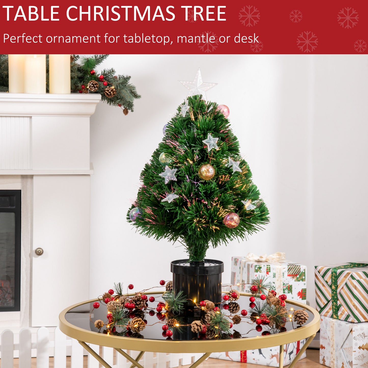 2FT Pre-lit Artificial Christmas Tree Tabletop Multi coloured Fibre Optic Decoration With LED Lights Pot Table Desk - Green