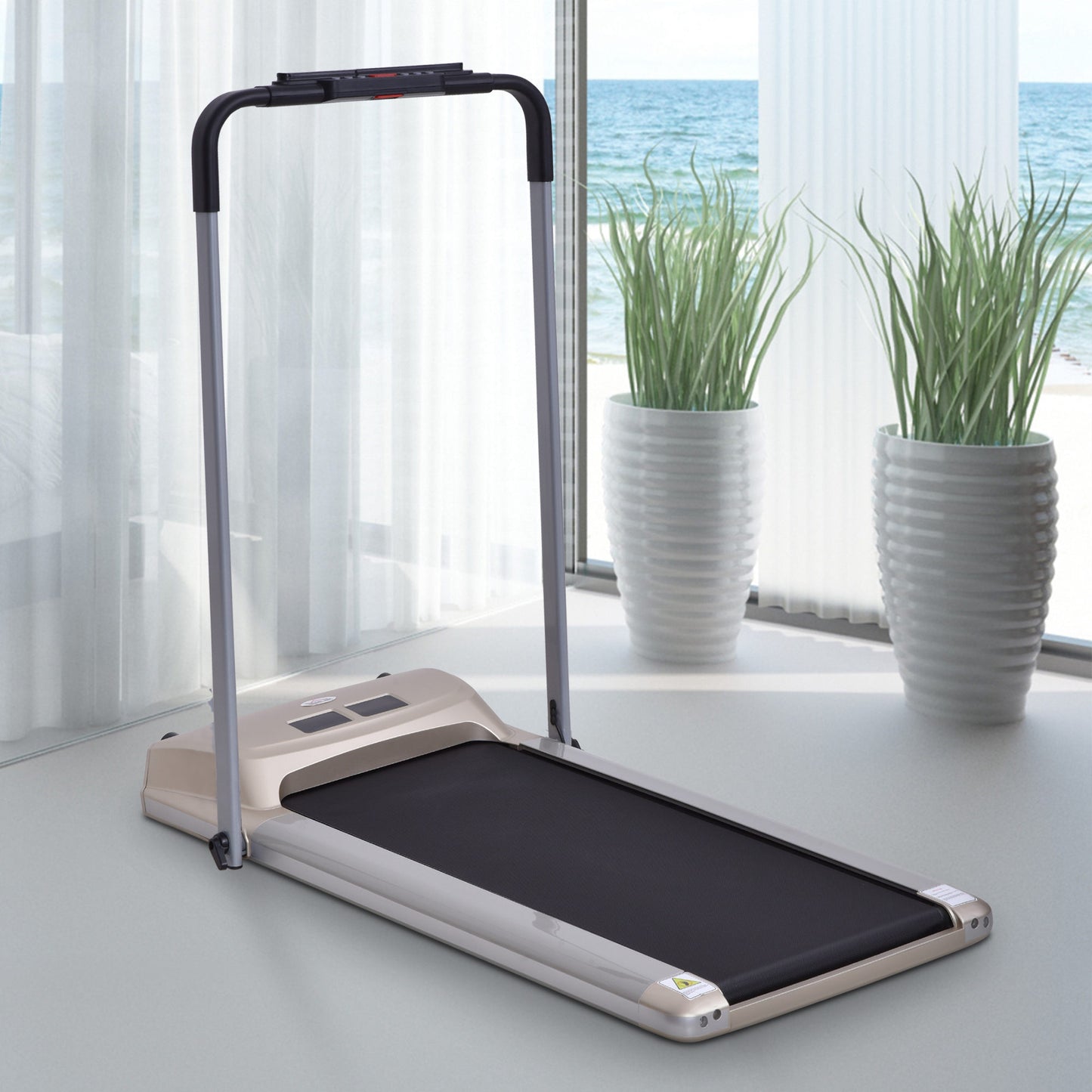 Folding Treadmill, 1-10km/h Electric Running Machine w/ Wheels, Safety Button, LCD Monitor, Phone Holder for Home